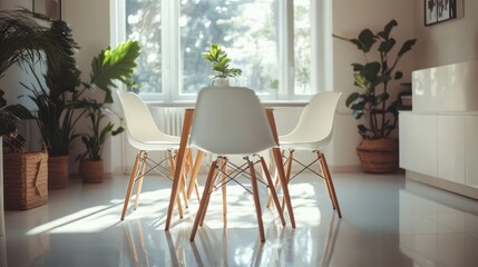 Obraz premium Scandinavian minimalist dining room with natural light and indoor plants