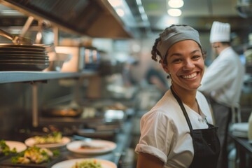 Portrait of a smiling American chef in restaurant kitchen