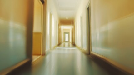 Obraz premium Long, light-filled hallway with doors on either side.
