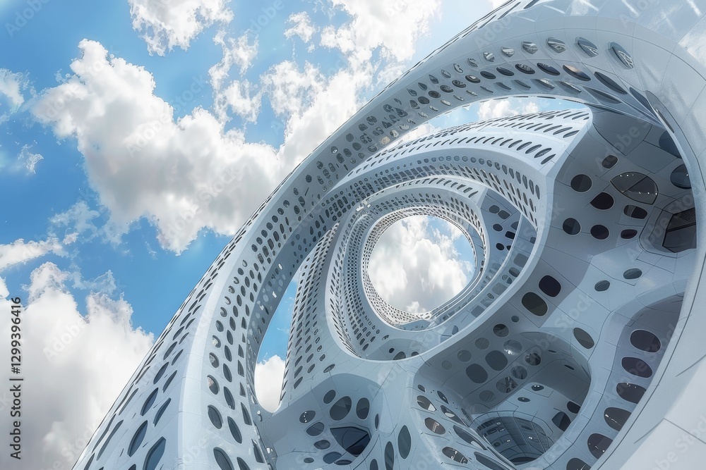Poster a close-up view of a modern tower with rotating sections and circular windows against a blue sky wit