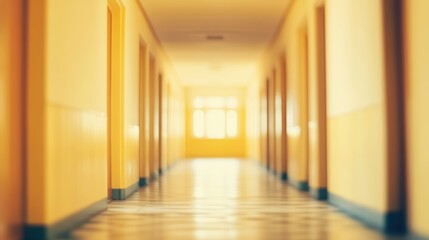 Fototapeta premium Long yellow hallway with doors and light at the end.