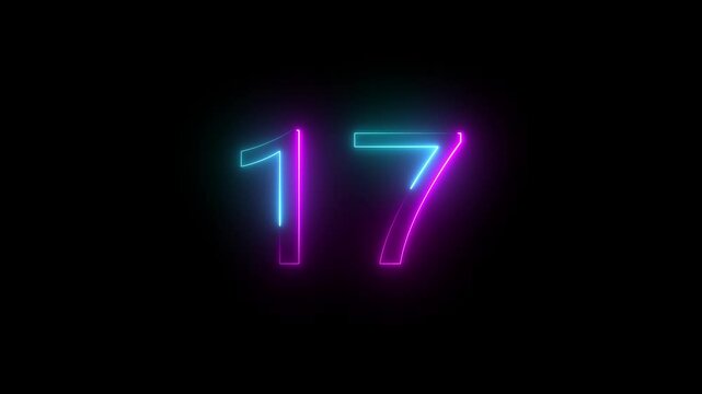 neon text 17 number countdown icon 4k animation ON BLACK background