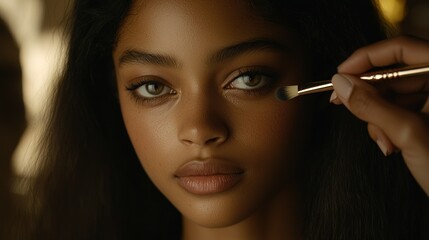 Obraz premium Model Getting Eye Makeup Done By Makeup Artist In Studio. Beauty shot for blog