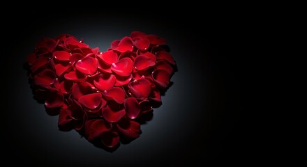 Heart-shaped arrangement of vibrant red rose petals on a dark background conveying love and romance representing a perfect decoration for Valentine's Day