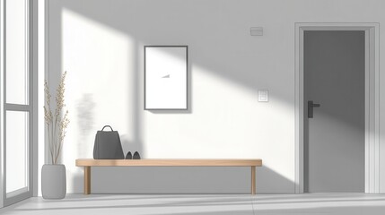 Minimalist sunlit hallway with wooden bench, black bag, shoes, and abstract art