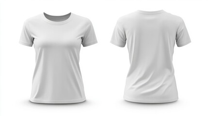 Front and back view of a white short-sleeved shirt on a white background for mockup purposes. 
