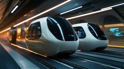 Futuristic Transport Pods Moving in Modern Urban Environment