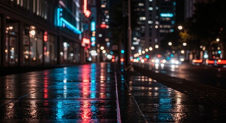Obraz premium City street at night with glowing neon reflections on wet pavement creating a vibrant and lively atmosphere
