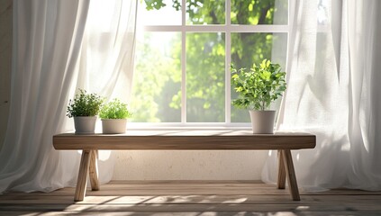 Fototapeta premium Rustic Wooden Bench with Potted Plants by Sunny Window