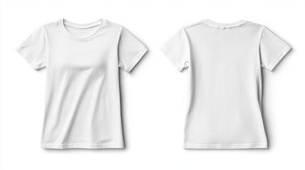 Front and back view of a white short-sleeved shirt on a white background for mockup purposes. 
