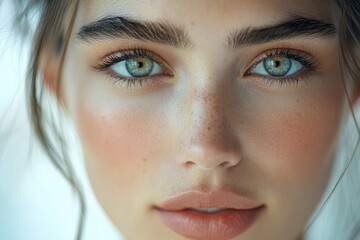 Fototapeta premium Close-up portrait of a young woman with freckles and beautiful, expressive eyes.