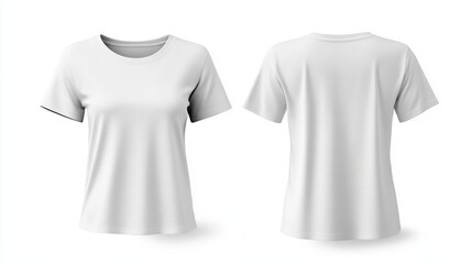 Front and back view of a white short-sleeved shirt on a white background for mockup purposes. 
