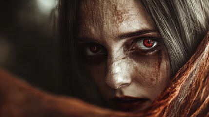 Fototapeta premium A close-up image of a hauntingly beautiful figure with eerie features and glowing red eyes, capturing the essence of dark fantasy and the complexity of human emotions.