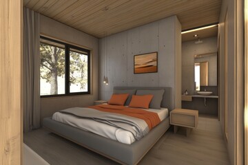 Modern bedroom with concrete wall and wooden ceiling. Interior design. Possible stock photo use