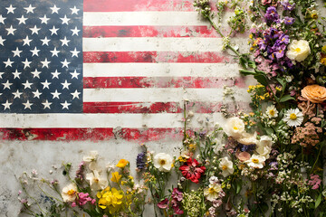 Rustic American Flag with Colorful Wildflowers