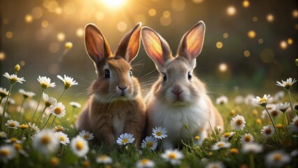 Adorable Brown and White Bunnies in Daisy Field, Sunny Day