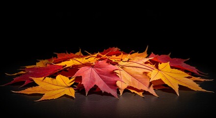 Autumn leaves in vibrant shades of red, orange, and yellow arranged artistically, evoking a warm and cozy atmosphere, symbolizing the seasonal transition