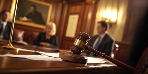 Obraz premium Wooden Gavel on a Table in a Courtroom