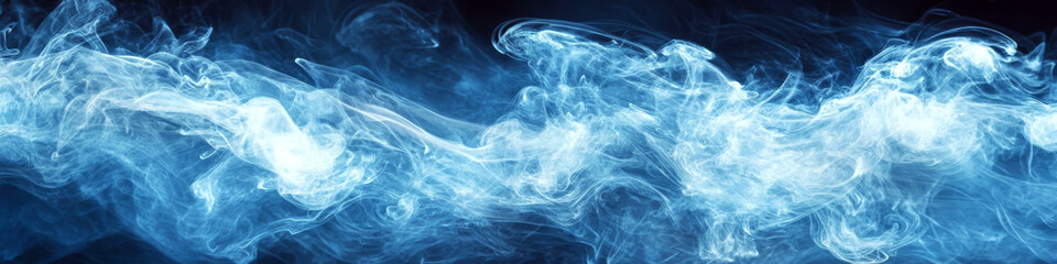 Obraz premium Blue and white smoke swirls gracefully against a dark background. Concept of ethereal beauty and mystery. For use in design projects or backgrounds.