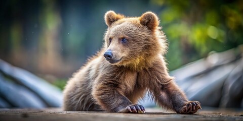 Obraz premium Adorable Brown Bear Cub Playing in Zoo Enclosure - Long Exposure Photography