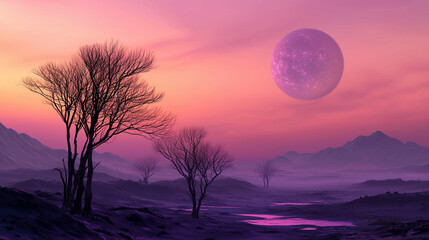 Fototapeta premium Alien landscape with bioluminescent plants and dark clouds