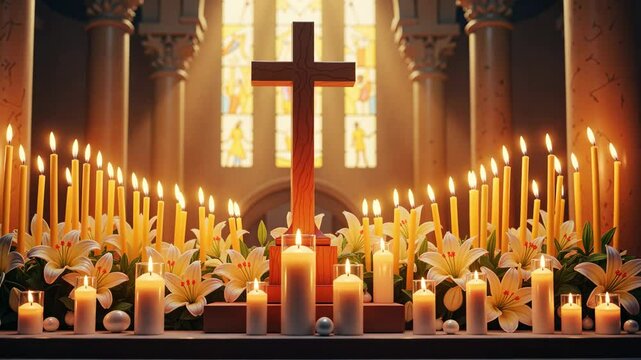 Lit candles illuminating wooden cross and Easter lilies on church altar, peaceful atmosphere