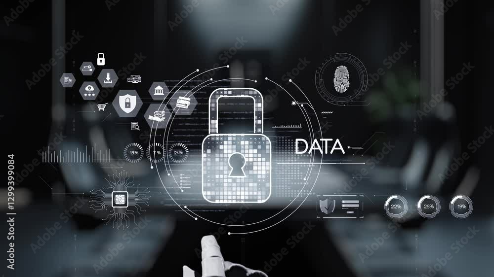 Poster a futuristic robotic hand points towards a data security icon with a lock, surrounded by digital gra