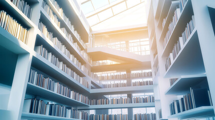Fototapeta premium Modern library interior with stacks of books and daylight