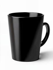 Sleek black ceramic mug positioned on a plain background showcasing minimalistic design style and elegant shape