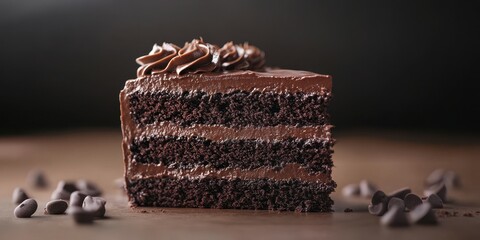 Delicious chocolate cake slice with rich frosting served on a wooden table