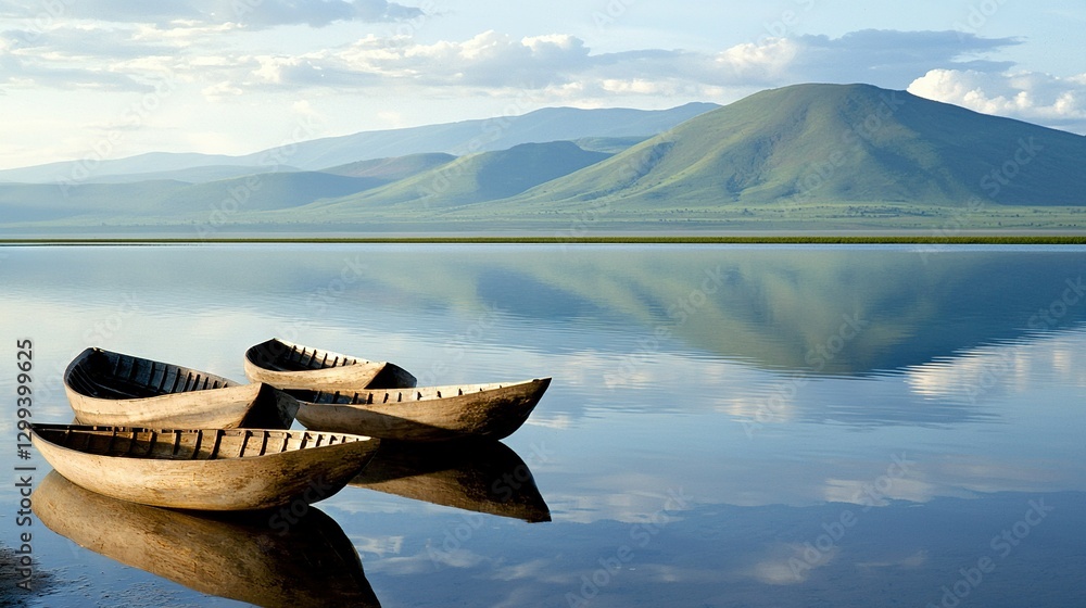 Poster a pair of canoes floating in a lake with a mountain in the background