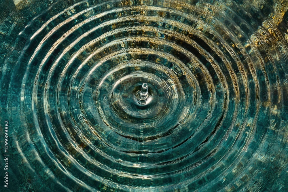 Poster a single drop of water creates concentric ripples on a teal surface, reflecting light and revealing 