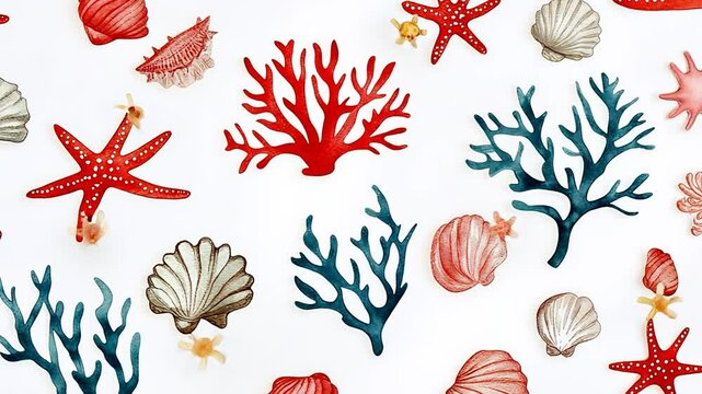 Watercolor sea elements seamless pattern animation, starfish, coral, shells, ocean life
