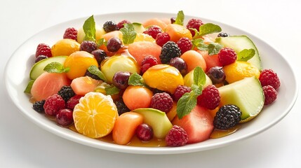 Fresh fruit salad mix of melon berry citrus drizzled honey