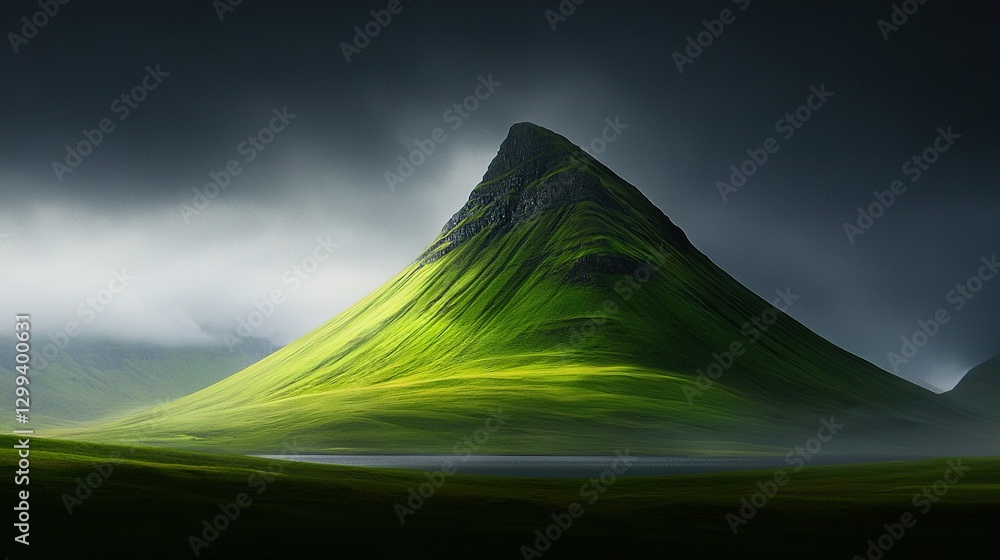 Poster a towering emerald mountain rises in the distance, its reflection mirrored in the calm waters below 