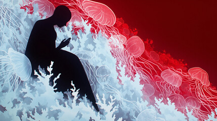 Silhouette of a Person Surrounded by Jellyfish and Coral on Abstract Red Background