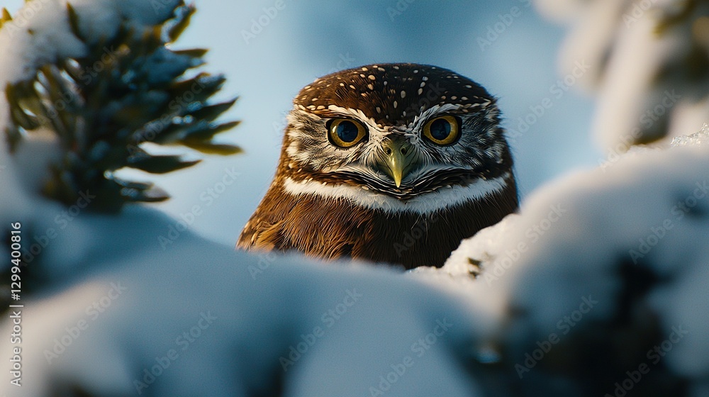 Poster close-up of a bird on a tree branch amidst snowfall, with a pine cone in the background