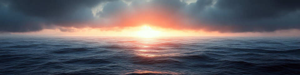 Obraz premium Ocean waves under a dramatic sky meet the warm glow of the setting sun on the horizon. Concept of tranquility and natural beauty. For background in travel ads.