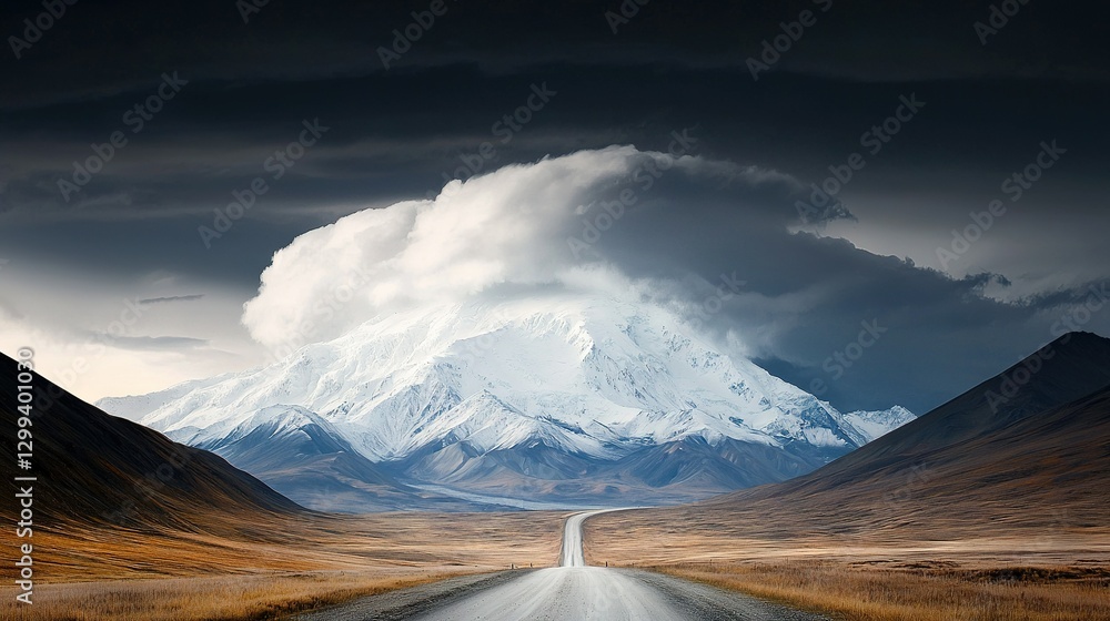 Poster a road runs through a field with a mountain in the background and a cloudy sky above