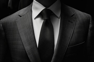 A black and white photograph focusing on the details of a mans suit and tie, capturing a sense of formality and style, Man in a suit and tie