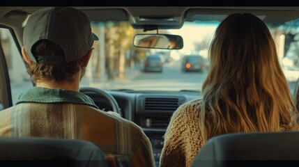 View from the back of female. Woman is taking her order from delivery man, with the car