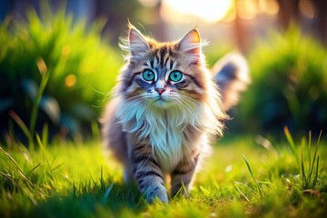 Adorable Fluffy Siberian Cat Strolling Summer Rural Yard - Tilt-Shift Miniature Photography