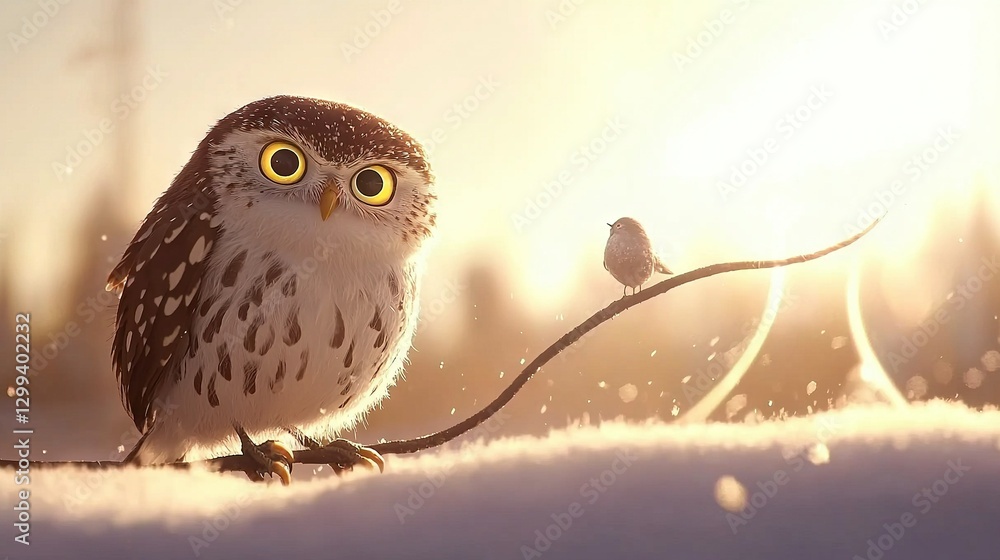 Poster a bird perched on a high tree limb alongside a tiny bird on a twig amidst snowfall