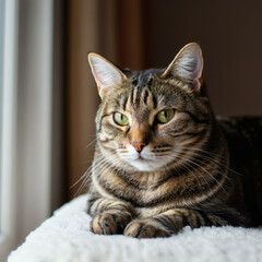 Thoughtful tabby cat gazing out a window, resting on a cozy blanket, enjoying a quiet and peaceful indoor moment