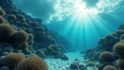 Obraz premium Underwater coral reef affected by bleaching with sunlight streaming through the water 