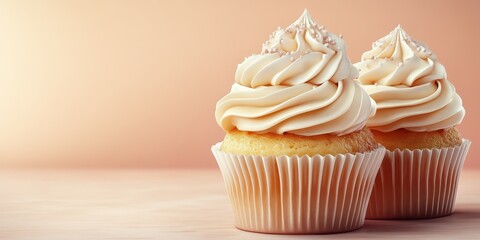 Delicious vanilla cupcakes with creamy frosting on a soft background for dessert lovers
