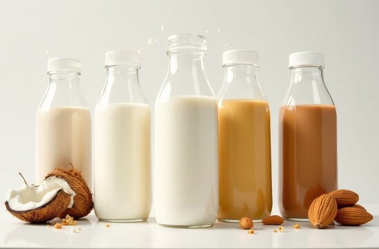 Bottles of alternative milk with coconut and almonds stand on a white background. Glass bottle of coconut and almond milk. Assorted alternative milks. Lactose-free product.