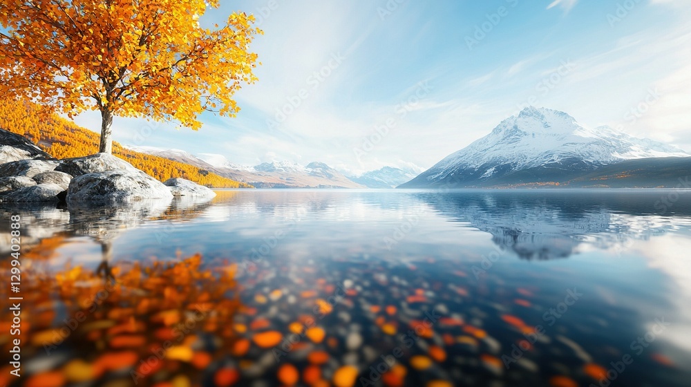Poster a tree resting on water's edge, surrounded by mountains in the background and foreground with leafy 