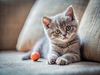 Adorable Grey Scottish Straight Kitten Playing with Toy on Sofa - Candid Photo