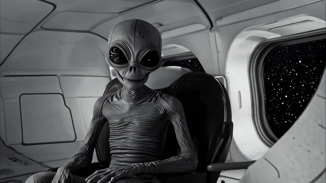 An Extraordinary Alien Encounter Set in a Futuristic Spaceship Interior with High-tech Details and Ambience